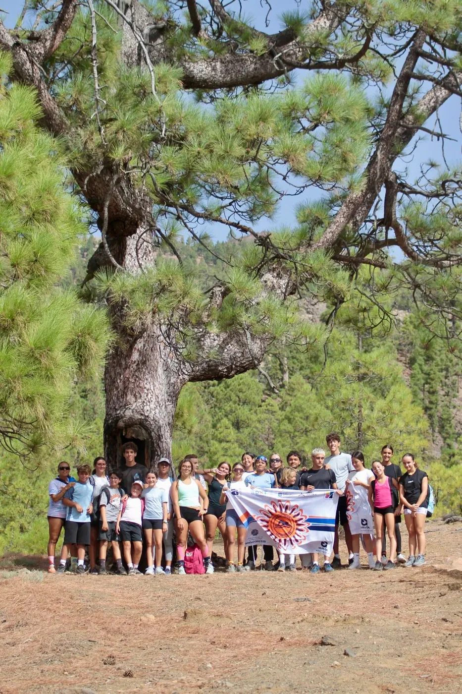 Foto de grupo bajo un gran pino canario con la bandera del club