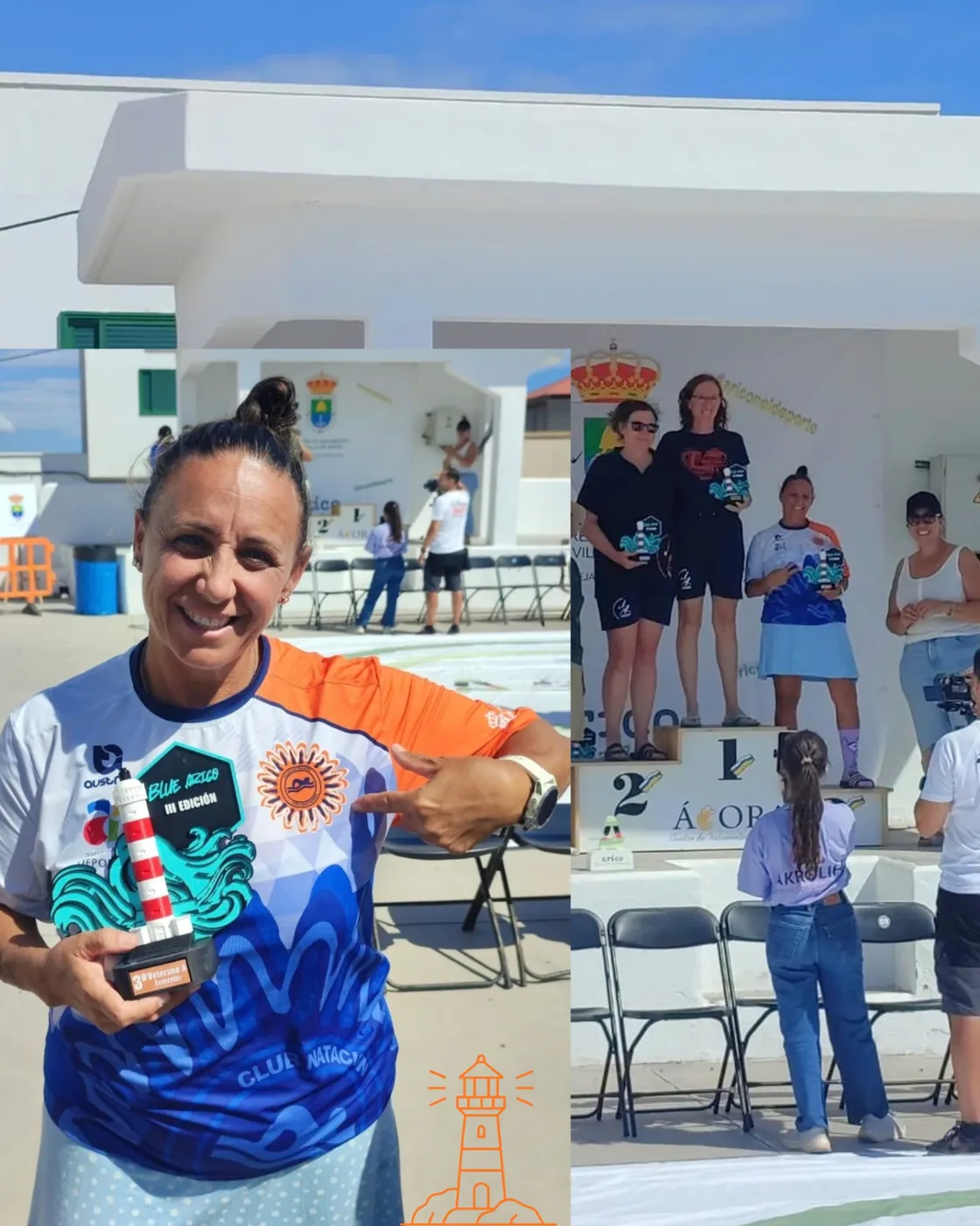Nadadora del club con su trofeo en el podio de la Blue Arico